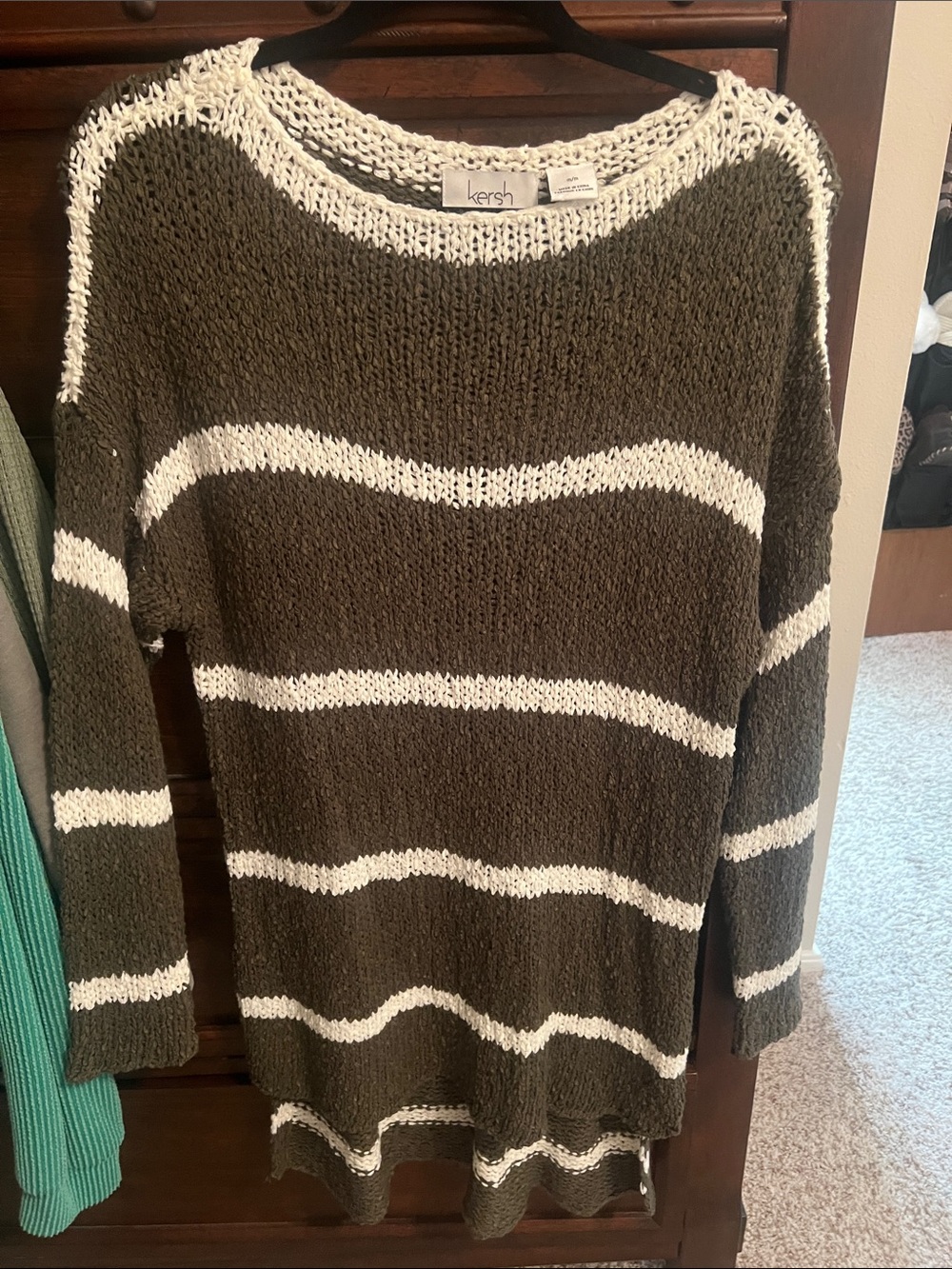 Kersh Olive Green and White Striped Crewneck Sweater